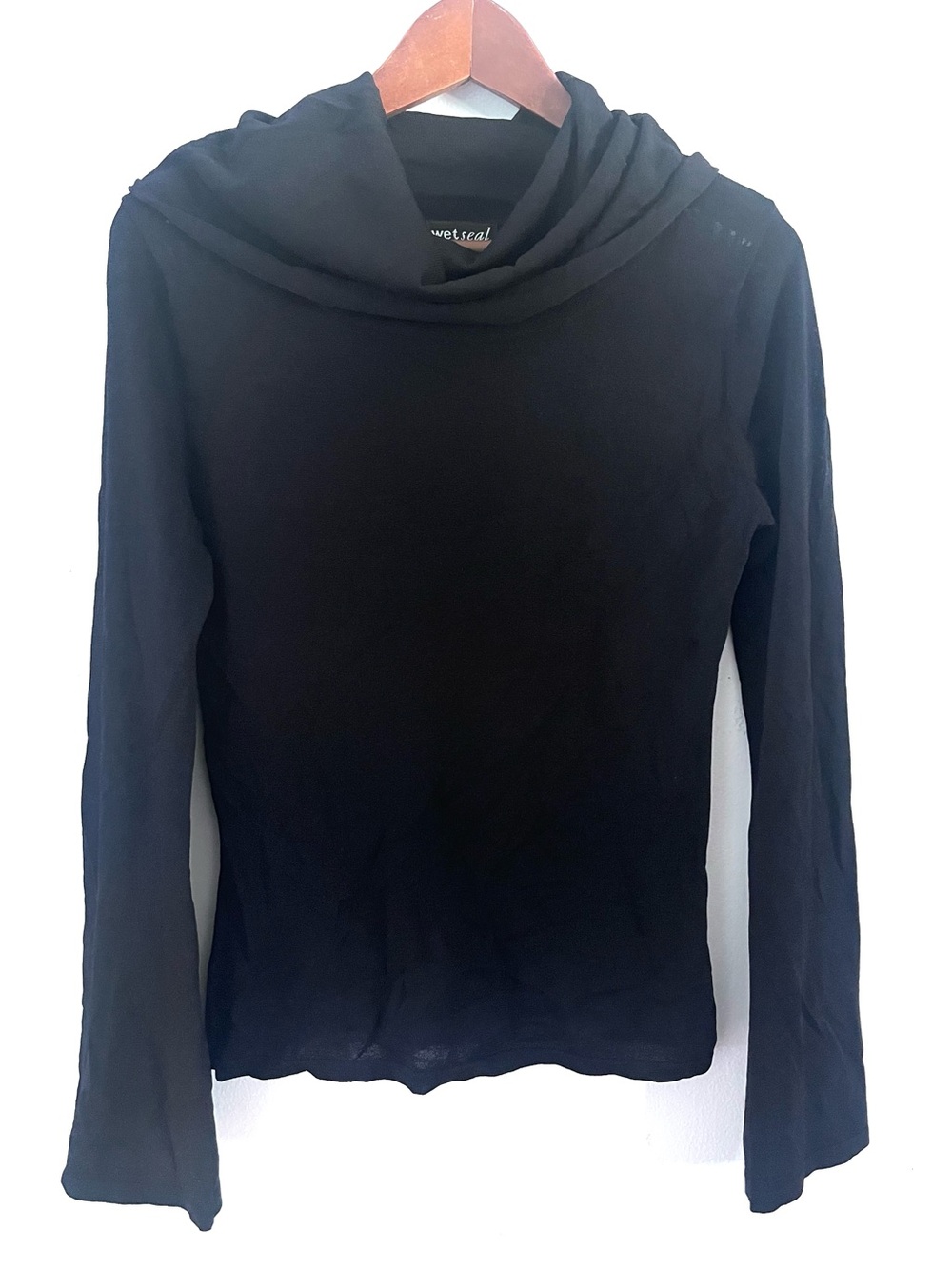 Wet Seal Bell Sleeve Cowl Neck Mesh Like Slightly Sheer Knit Jersey Black Top M